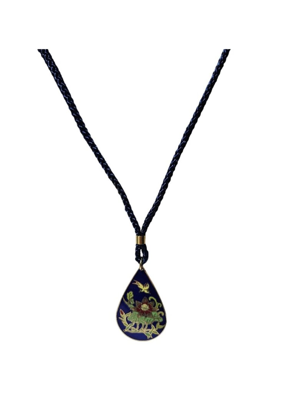 Vintage Floral Enamel Pendant Necklace Blue Braided Cord Fashion Jewelry Women